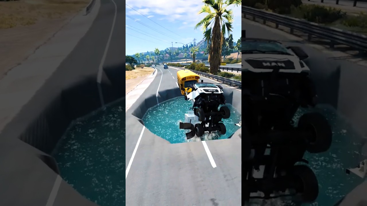 School Bus Falls Into a Giant Water Pit! BeamNG drive