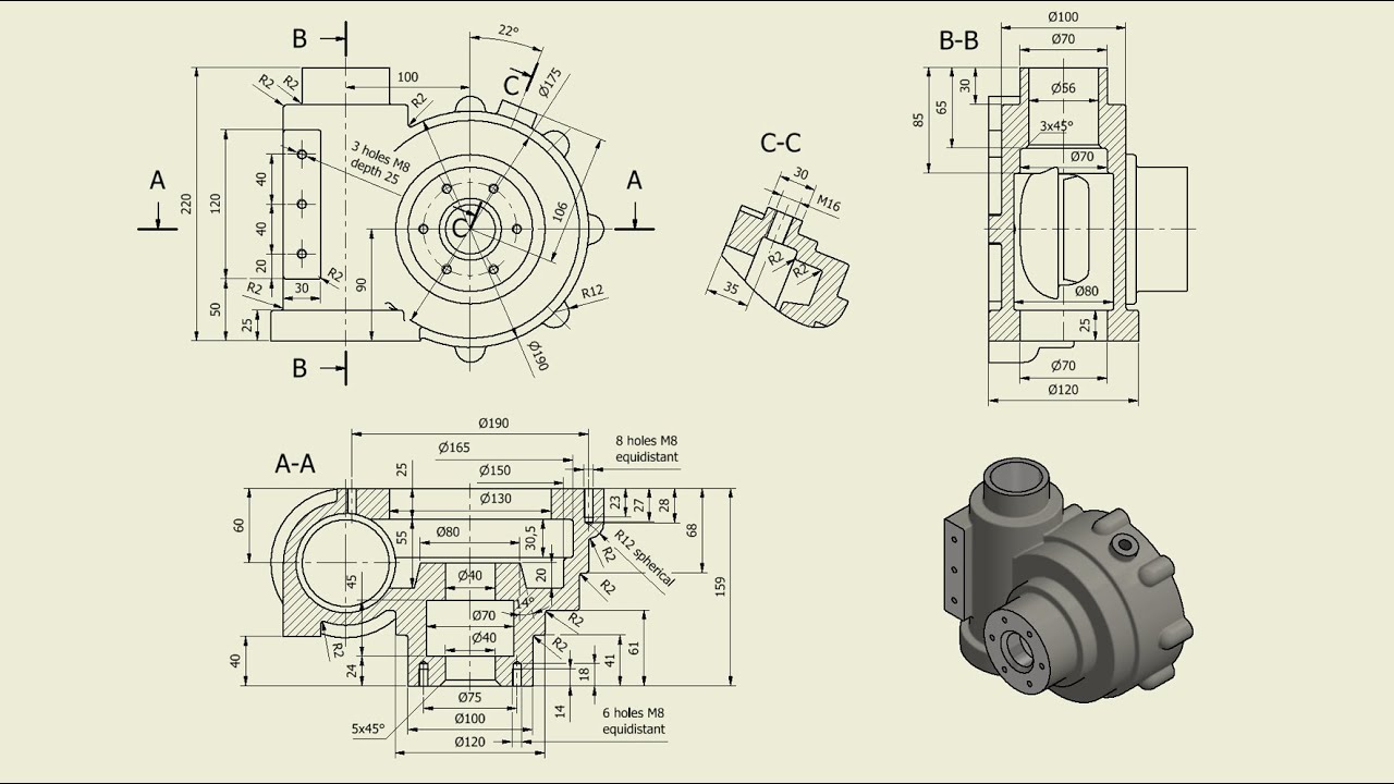 Учебное пособие по Inventor - 130 Корпус червячной передачи (деталь 090)