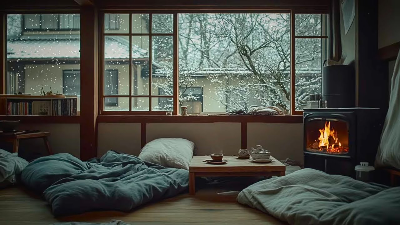 Falling Asleep by the Fireplace as Snow Falls | Fireplace Sounds for Deep Sleep + Relaxation