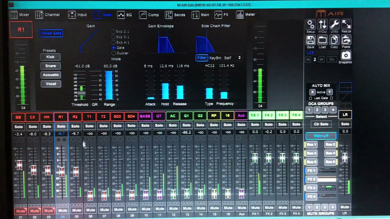 Equalização de bateria mais outros instrumentos na Midas MR18…