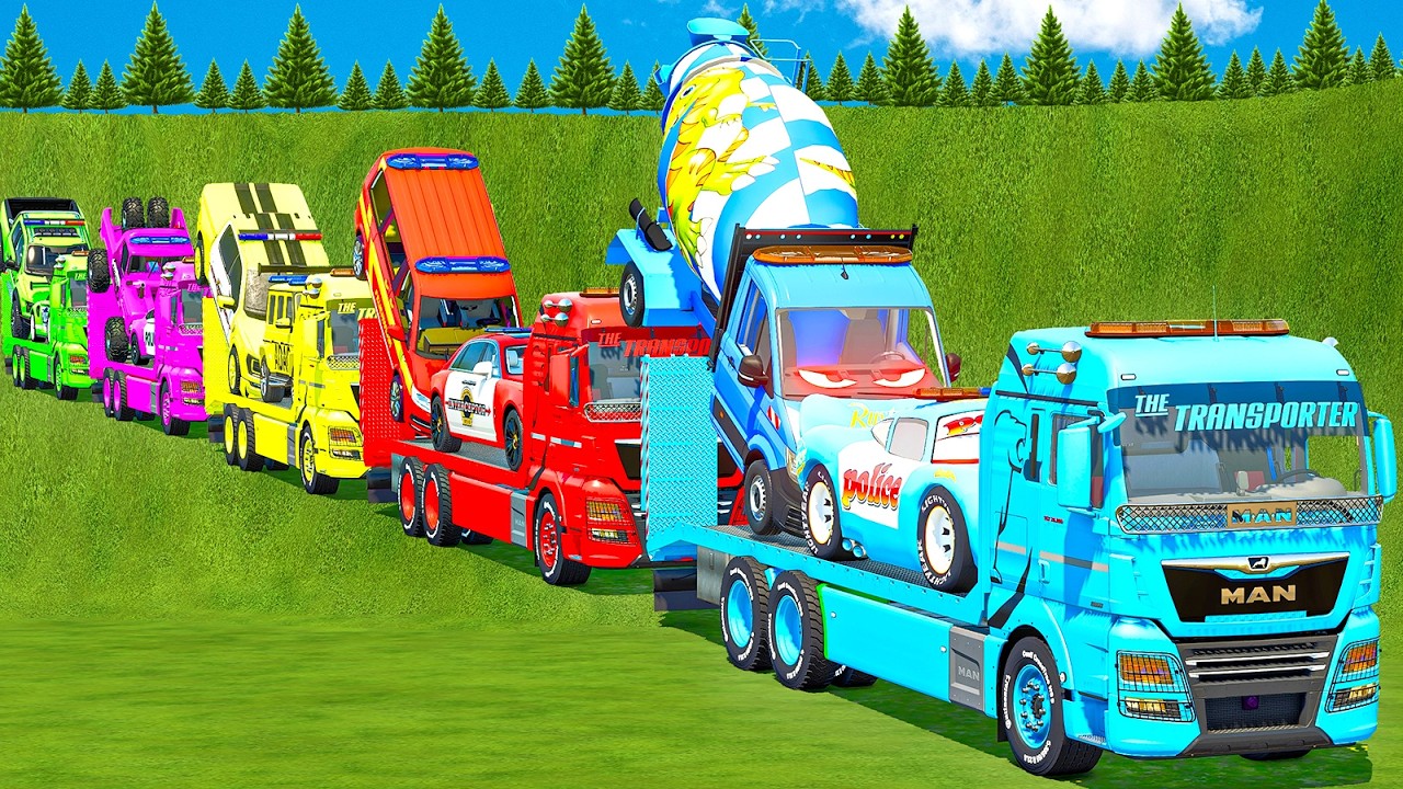 DELIVERING POLICE CARS, AMBULANCE, FIRE BRIGADE WITH MAN TRANSPORTER TRUCKS! FS 25