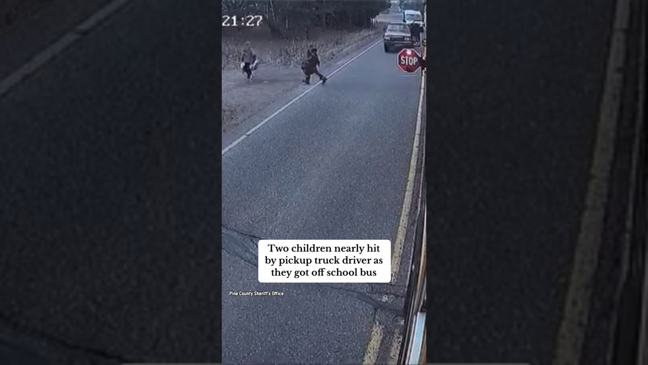 2 kids nearly hit by pickup truck getting off school bus #shorts