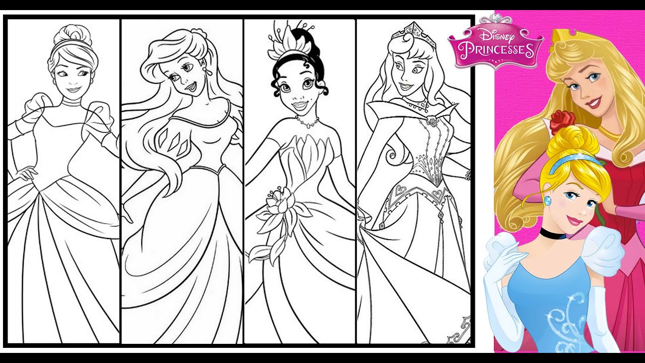 DISNEY PRINCESSES Compilation Coloring Page TOGETHER CINDERELLA ARIEL TIANA AURORA Princess Coloring
