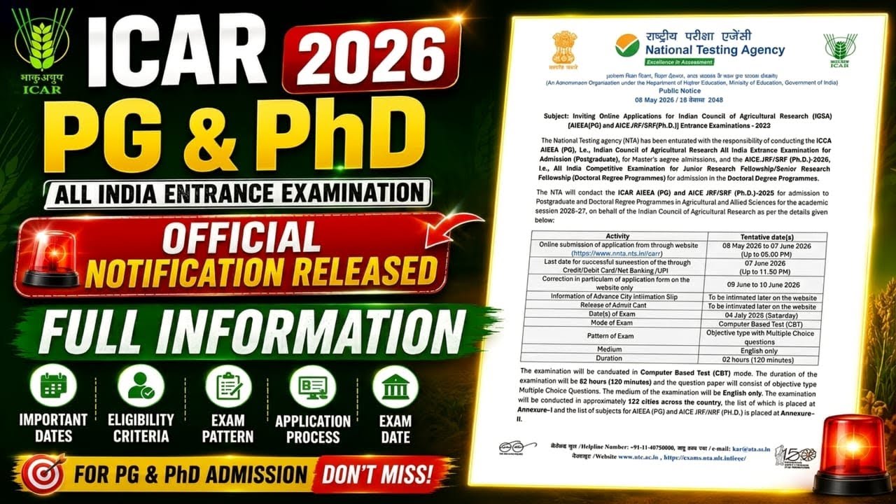 ICAR AIEEA PG 2026 | ICAR AIEEA PG Entrance Exam 2026 | ICAR AIEEA PG & PhD 2026 Latest Update