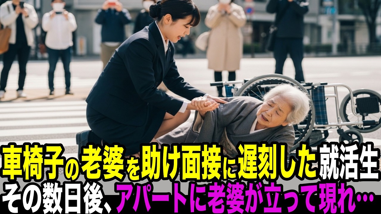 交差点で転倒する車椅子の老婆を助けて面接に遅刻した大学生。インターホンが鳴り玄関を開けると、老婆が自分の足で立って現れ…