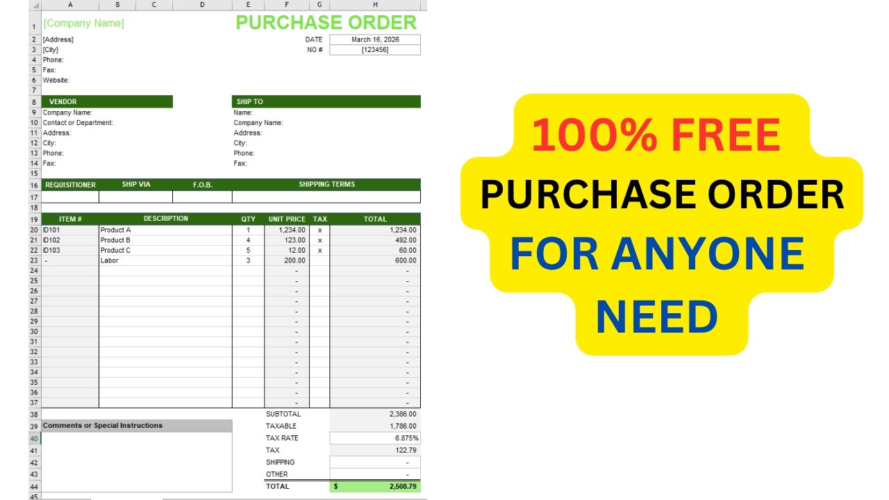 100% FREE Excel Template - Purchase Order #excel #template #free