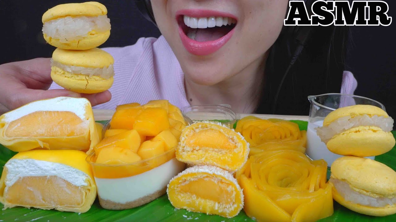 ASMR YELLOW DESSERT *MOCHI + CREPE CAKE + MACARON + CAKE (EATING SOUNDS) NO TALKING | SAS-ASMR