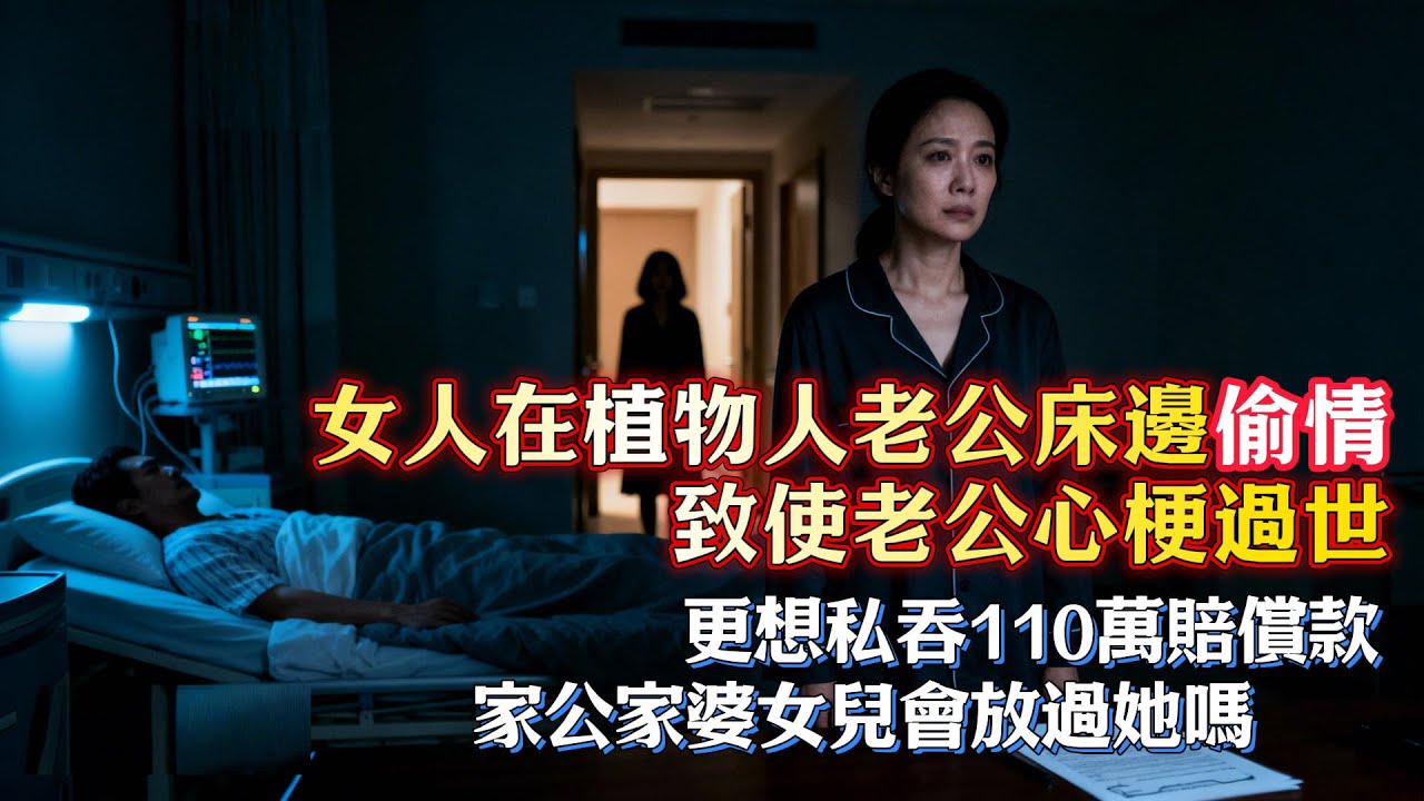 女人在植物人丈夫床邊偷情，致使丈夫心梗過世，更想私吞110萬賠償款，家公家婆女兒會放過她嗎