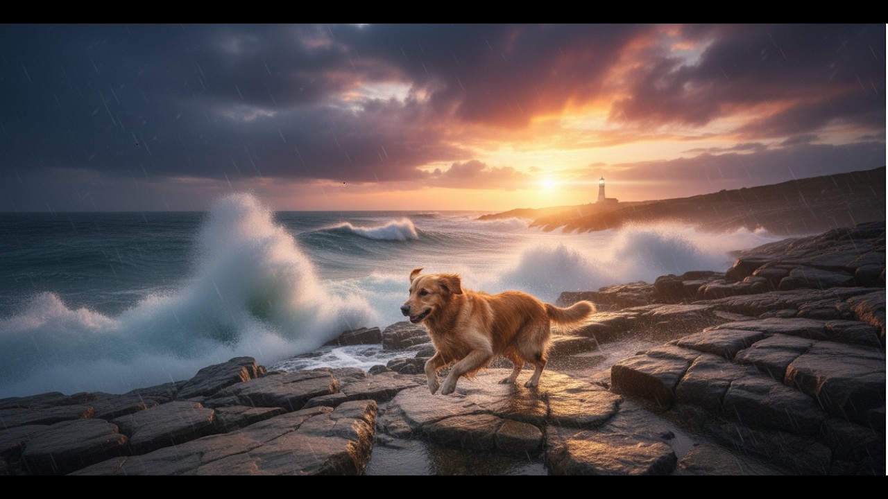 Majestic Golden Retriever in a Stormy Sunset | Epic Ocean Waves Cinematic 4K