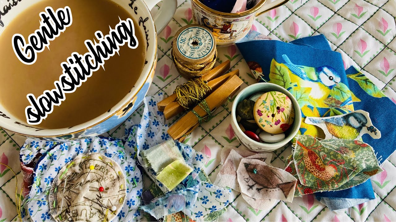 #slowstitch whimsical tea party - fabric  collage Reuse ♻️ scraps Process Video