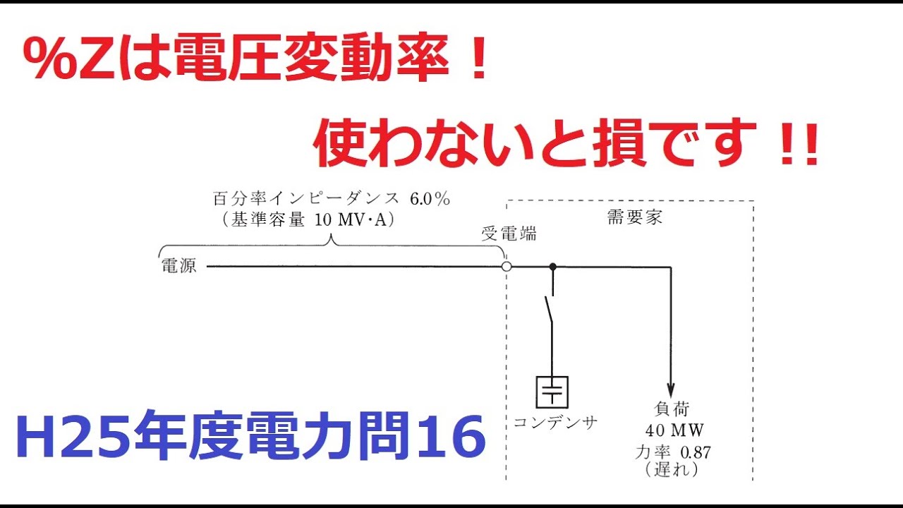 【やさしく解説 電験3理論】「パーセントインピーダンスは電圧変動率」を利用しないと損！①（H25年度電力問16）