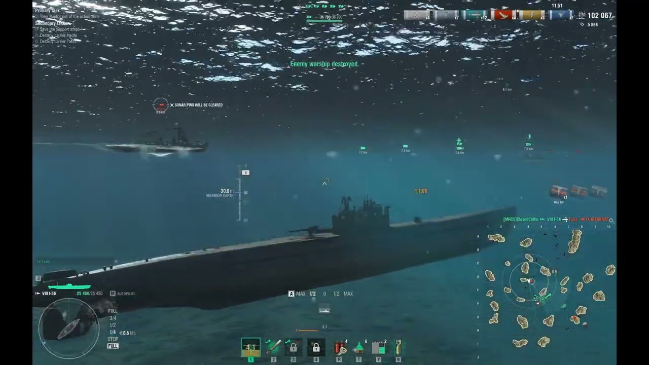 World of Warships, JPN Sub I-56 T8 sub in Raptor Resue Op, 2034xp, 223k Dmg, 6 kills