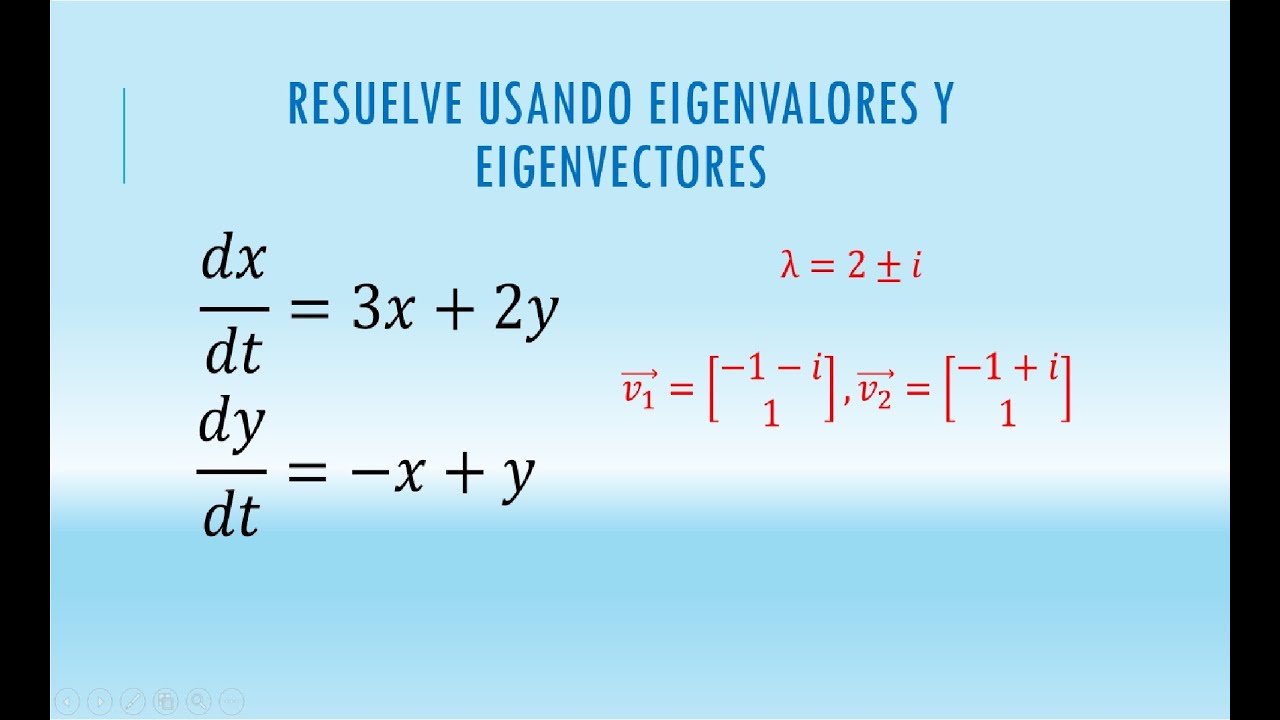 Sistema de ecuaciones diferenciales 2x2 con eigenvalores complejos