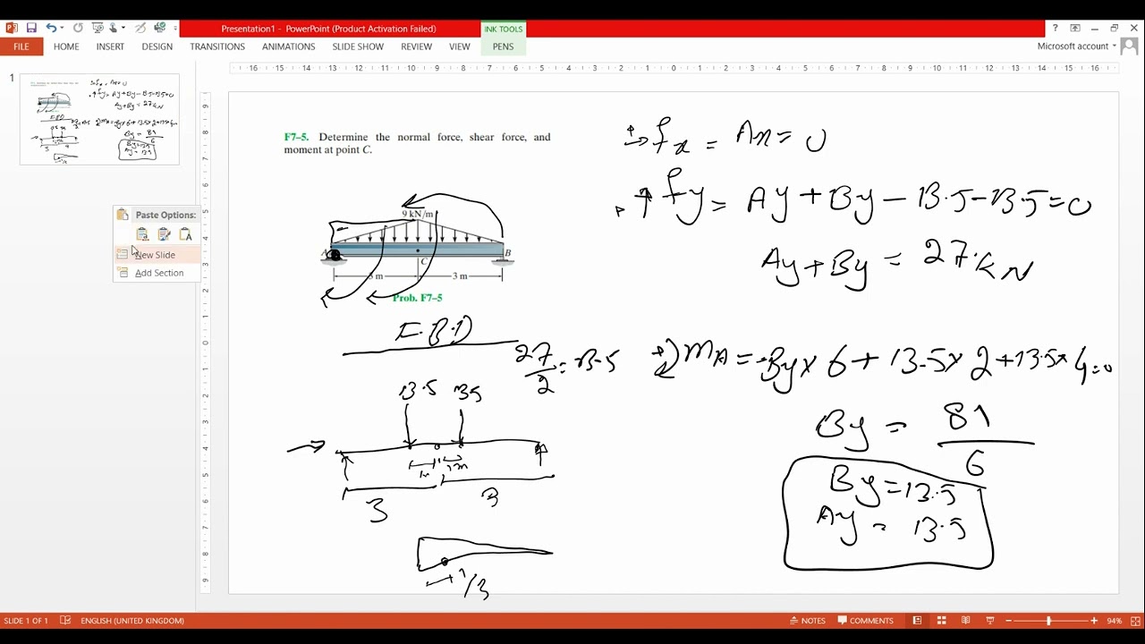 Determine the normal force, shear force, and moment at point C.