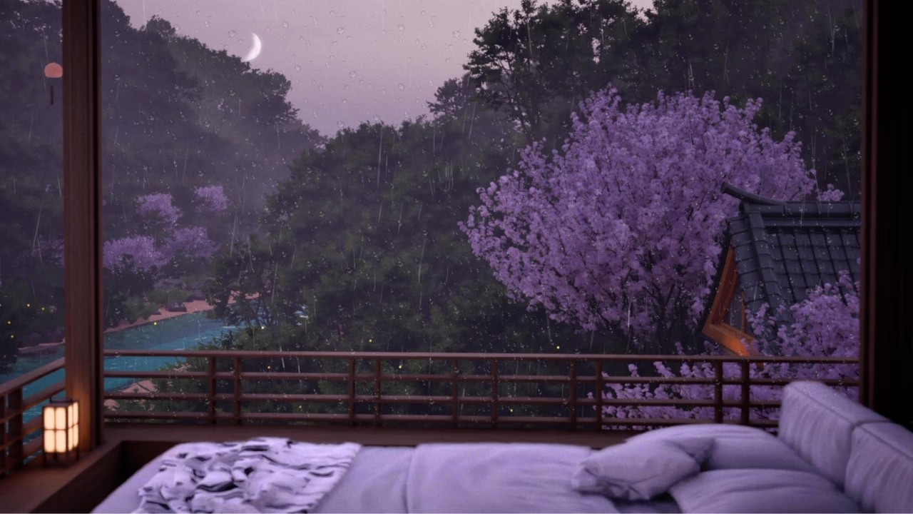 Rain Sounds in a Japanese Cherry Blossom Room 🌧️🌸 | Calm Ambience