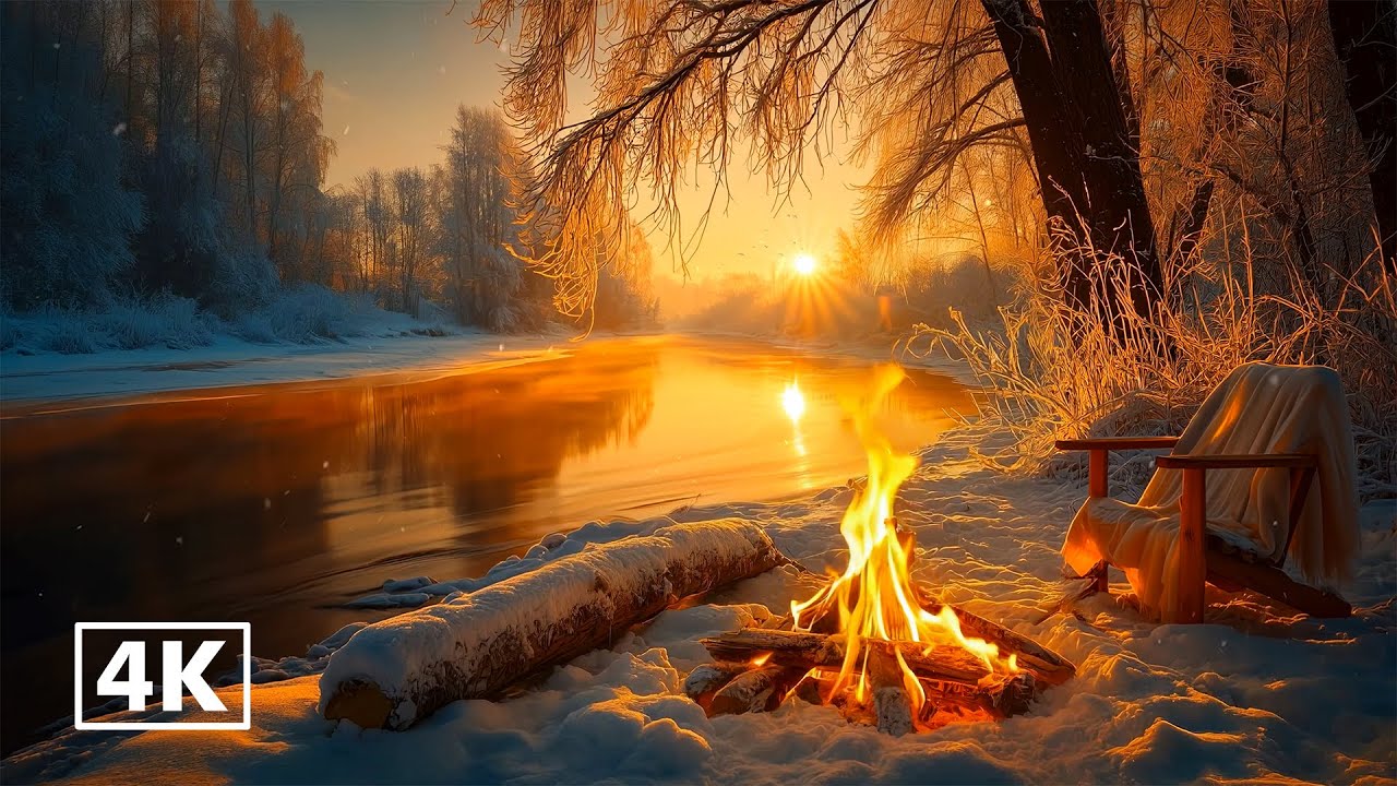 This Winter Campfire Will Instantly Calm Your Mind ❄️🔥 Fire Crackling & Gentle Water Sounds for Calm