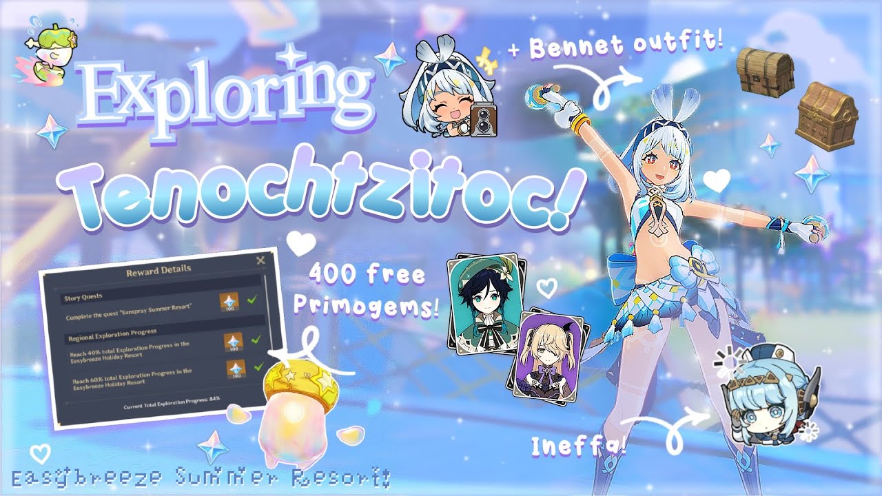 𝅄 ׂ⭒Exploring the Summer Resort for the 400 Primogems! 🥥 ₊ ⊹ . ݁˖ Genshin cozy exploration 🎲 ♡‧₊˚٠