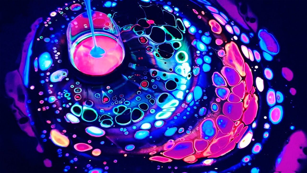 Neon Galaxy acrylic pouring - black light with neon color abstract art