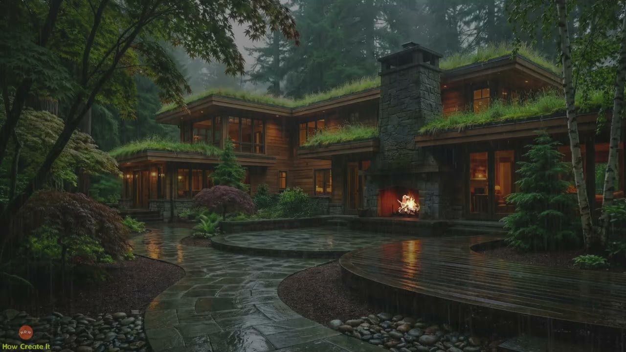 Quiet Rainy Night, Fireplace and Soft Thunder for Total Calm in a Secluded Forest Grass Roof Home