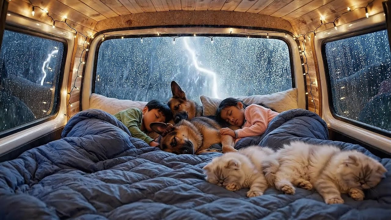 Safe & Cozy in the Van during a Violent Storm 🌧️ Sleep with 2 Cats and a Dog