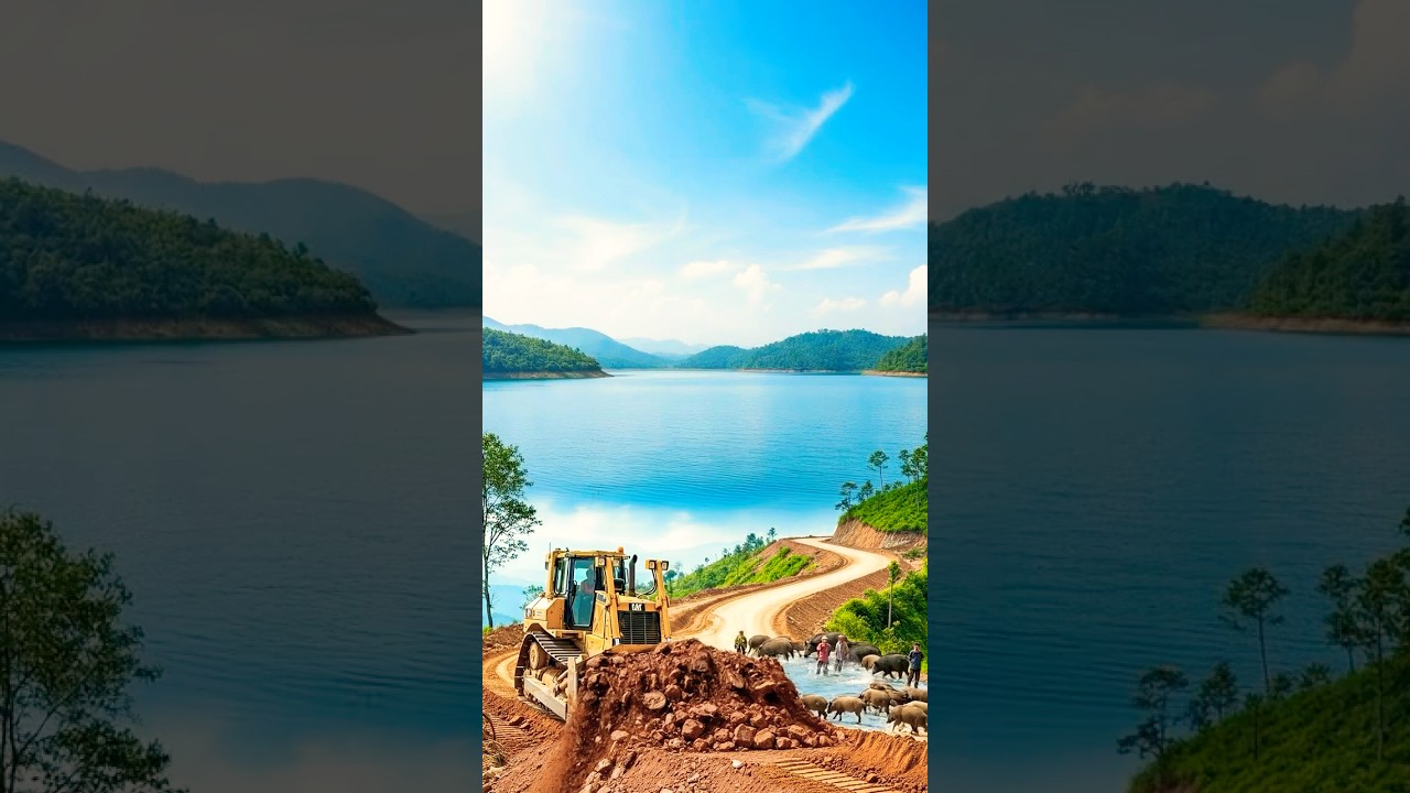 Bulldozer Building a Mountain Road Beside a Serene Lake #shorts