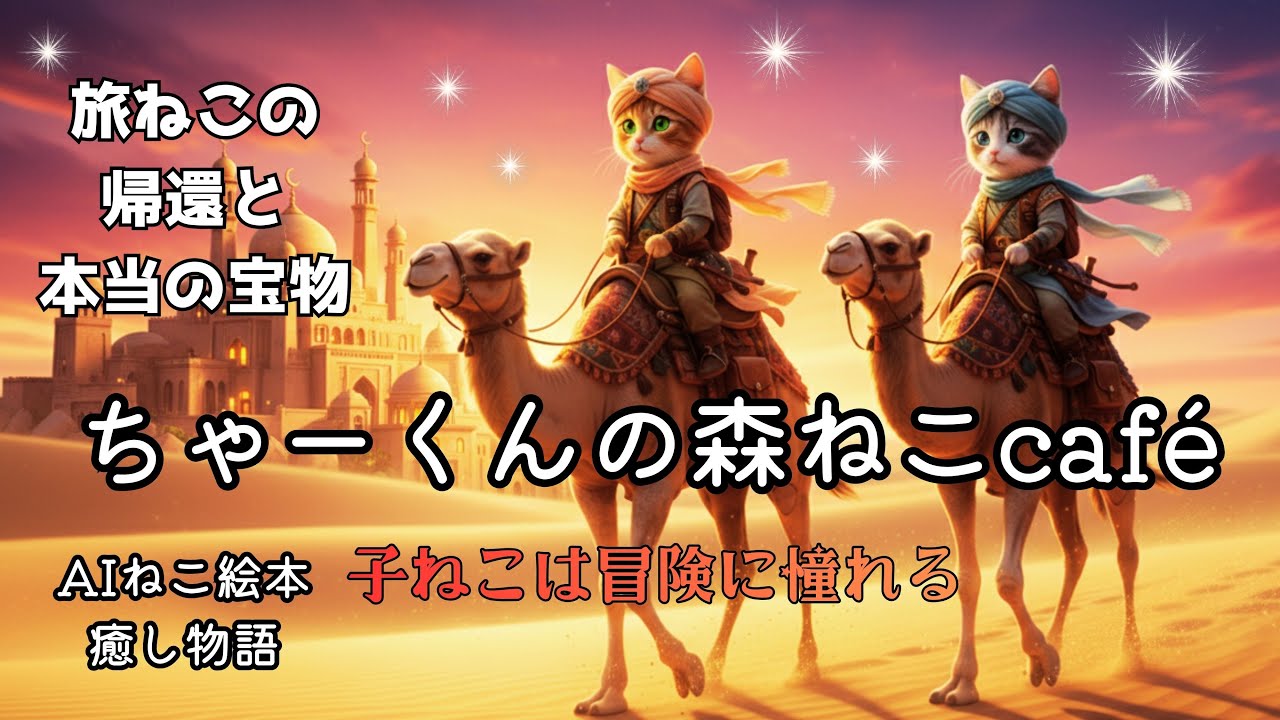 【AI猫の物語】ちゃーくんの森ねこcafe｜旅ねこの帰還と本当の宝物 ― 風の向こうの約束 ―｜砂漠の彼方、ぼくらの故郷｜猫たちの感動ストーリー！