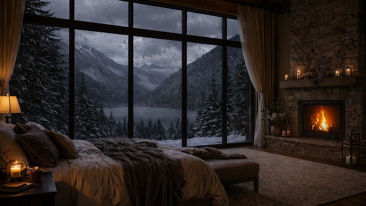 Blizzard Outside a Cozy Bedroom Window ❄️ Fireplace & Snowstorm Ambience