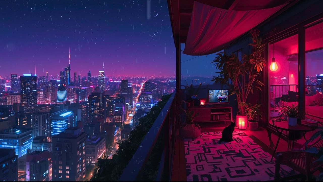 Neon City Balcony in the Rain ✨ 8 Hours of Lofi Beats for Deep Focus & Relaxing Sleep