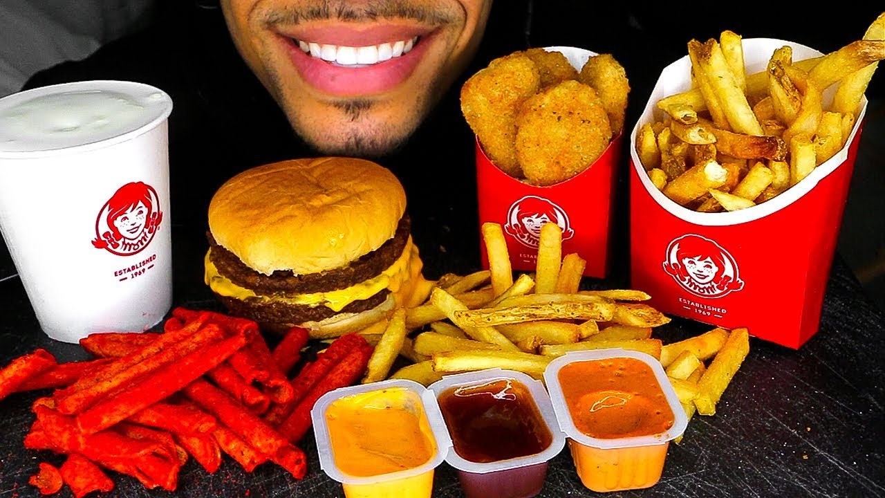 ASMR WENDY'S EATING SHOW TAKIS MUKBANG BIGGIE BAG FROSTY CHICKEN NUGGETS FRIES 4 FOR 4 NO TALKING