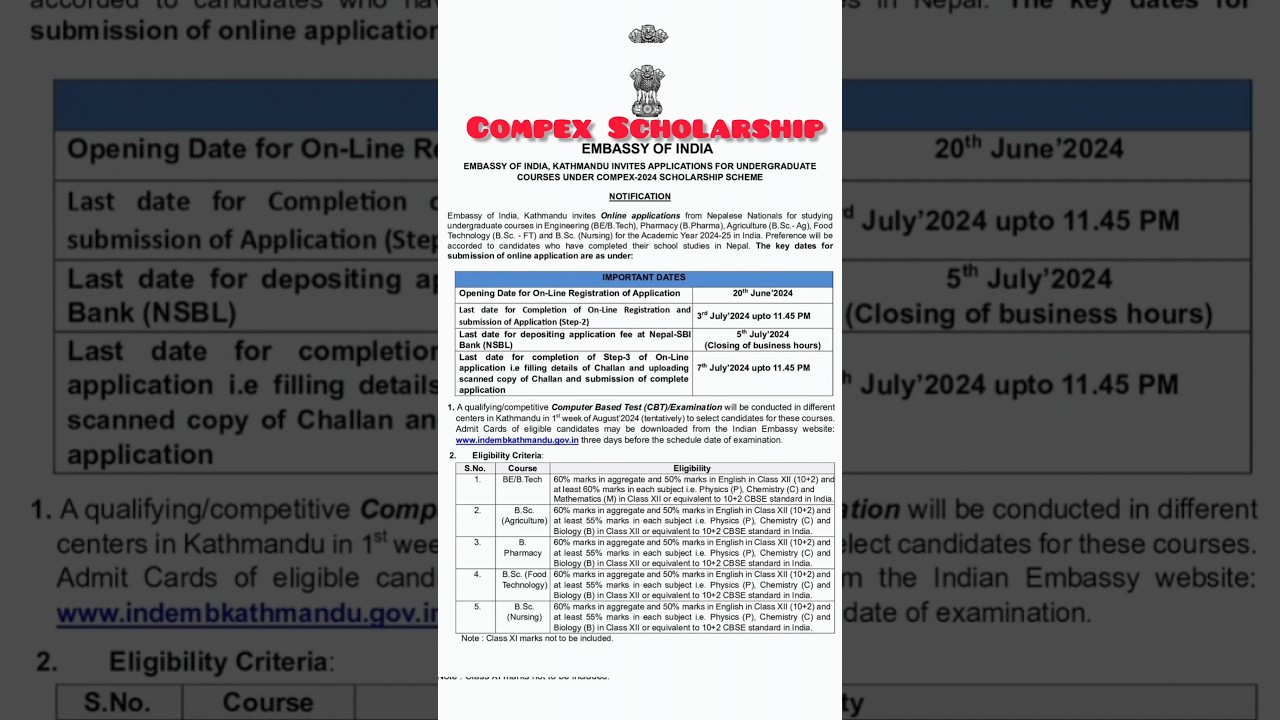 Compex Scholarship Scheme 2024-25 open Online applications from Nepalese#scholarship #indianembassy
