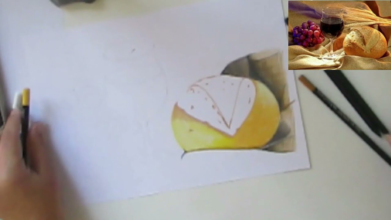 Desenho colorido, pão, vinho e o trigo.
