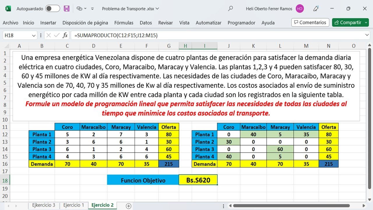 Programación Lineal - Solución a Problema de Transporte con Solver de Excel.