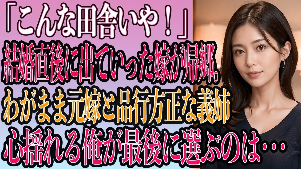 【スカッと感動馴れ初め】「こんな田舎いや！」結婚直後に田舎を飛び出した元嫁が突然帰郷。わがままな元嫁と品行方正な姉、揺れる俺の心。田舎の家族の中で、最後に俺が選んだのは...【いい話・朗読・泣ける話】
