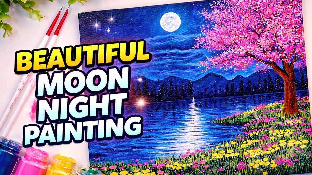 Peaceful Moonnight Painting/ Acrylic Moonlight Landscape Painting 
