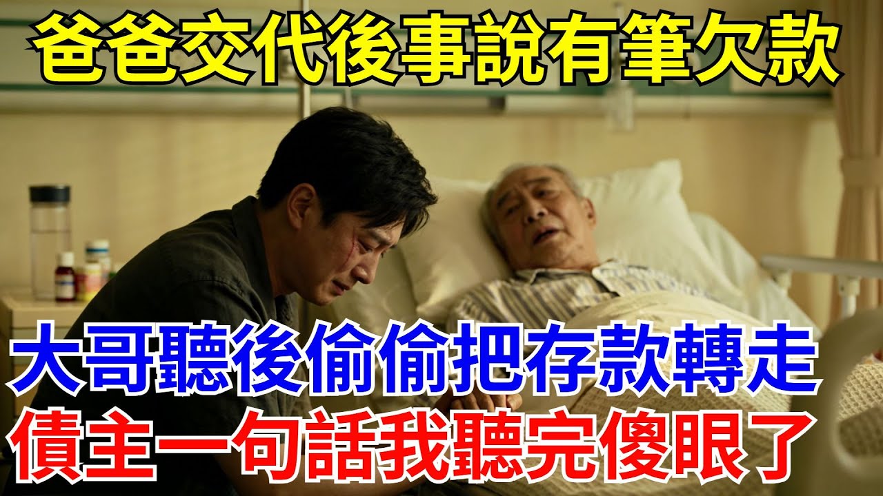 爸爸突發疾病在病牀上交代後事，説有筆欠款沒還清，大哥聽説後偷偷把家裏存款轉走，爸爸去世後我拿著欠條去找債主，債主看後説了一句話，我聽完後傻眼了！ #現代故事#小説#奇聞