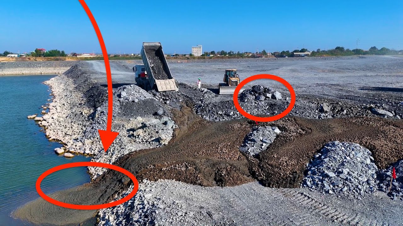 EP64!Extra battery action on the project! Pour rocks into a large lake using a trucks &Wheel loader