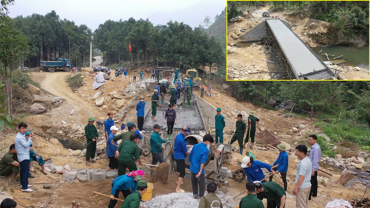 Cầu Nà Hát (68) | Gần 100 người các ban nghành ủy ban xã xuống giúp bản đổ bê tông mặt cầu xong sớm