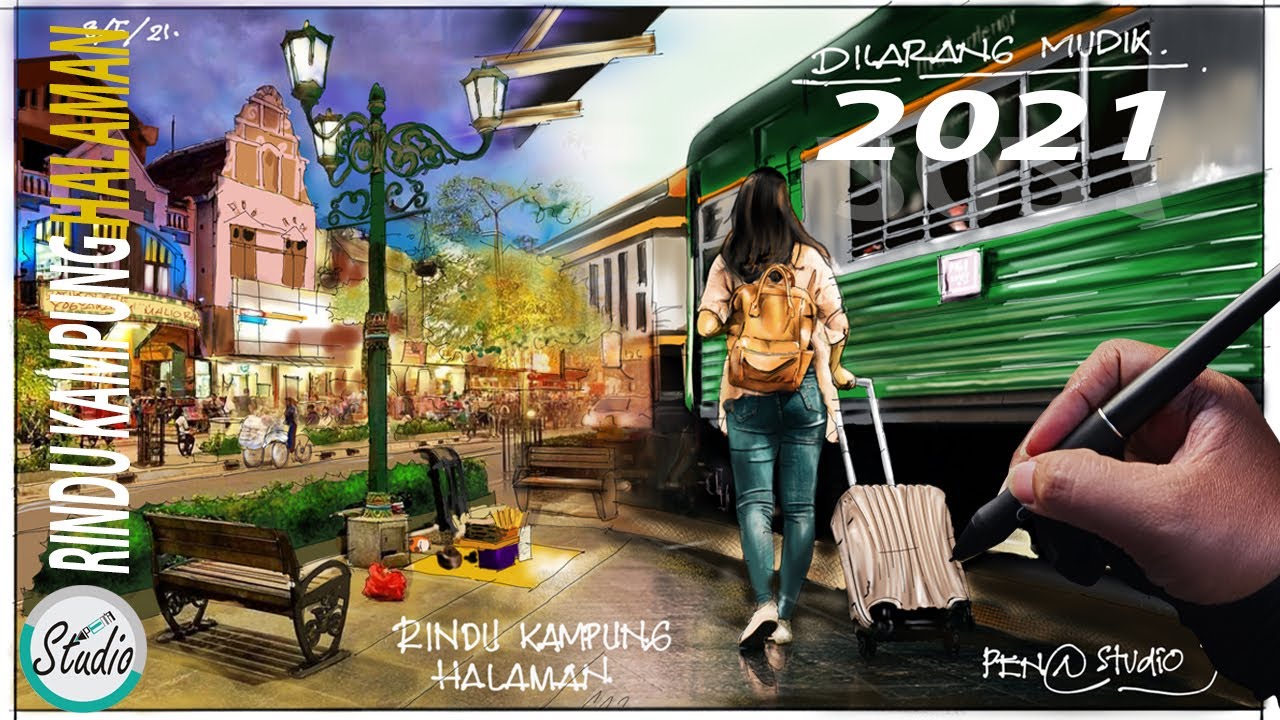 DIGITAL ART - MENGGAMBAR KERETA API DAN MALIOBORO YOGYAKARTA DENGAN PEN TABLET - LARANGAN MUDIK 2021