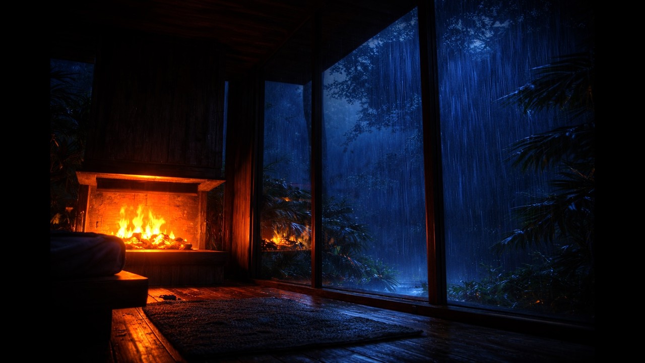 Cozy Fireplace & Heavy Rainstorm at Night – Deep Sleep ASMR in a Glass Cabin (8 Hours)