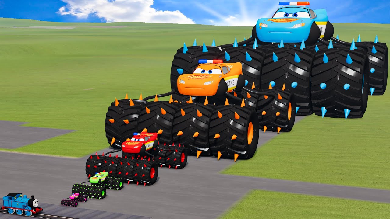 Big & Small Colors Lightning McQueen Police Cars vs Thomas Trains | BeamNG.Drive