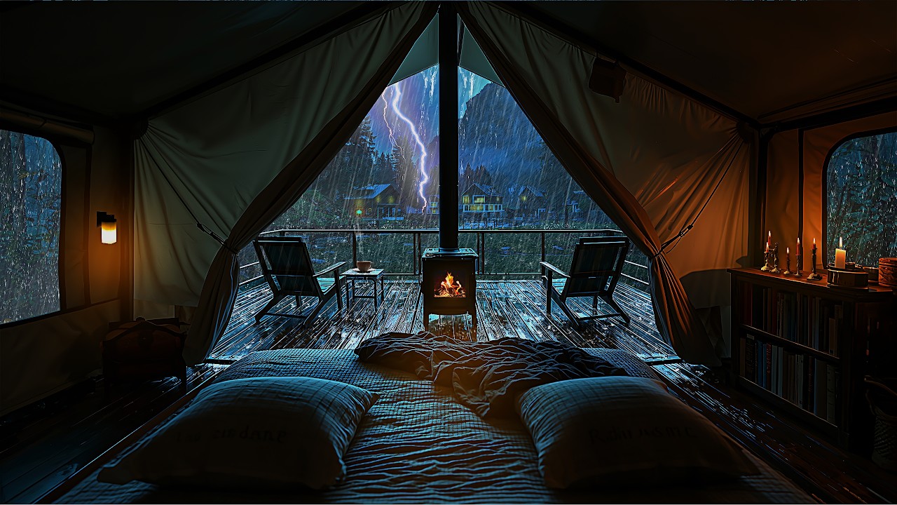 Cozy Tent in a Village Storm (No Ads) Heavy Rain & Fireplace for Instant Sleep & Relaxation