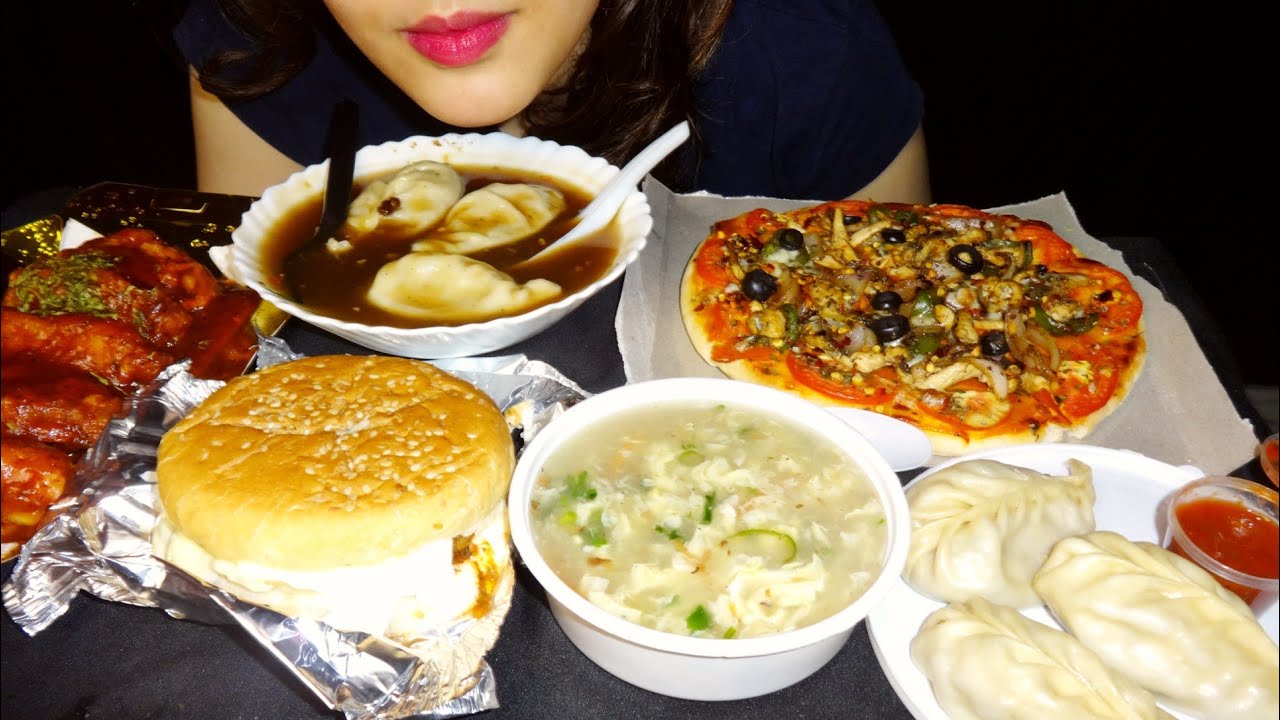 ASMR:Eating chicken cheese pizza+Chicken momo+Chicken cheese burger+Schezwan dumplings+Soupy momo