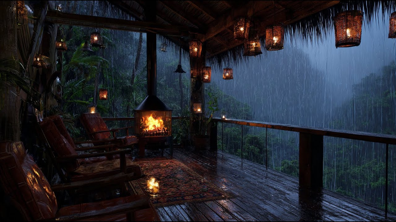 Cozy Rain on Porch 🌧️ Jungle Hut & Fireplace Rain Sound for Sleeping & Study. #RainAmbience