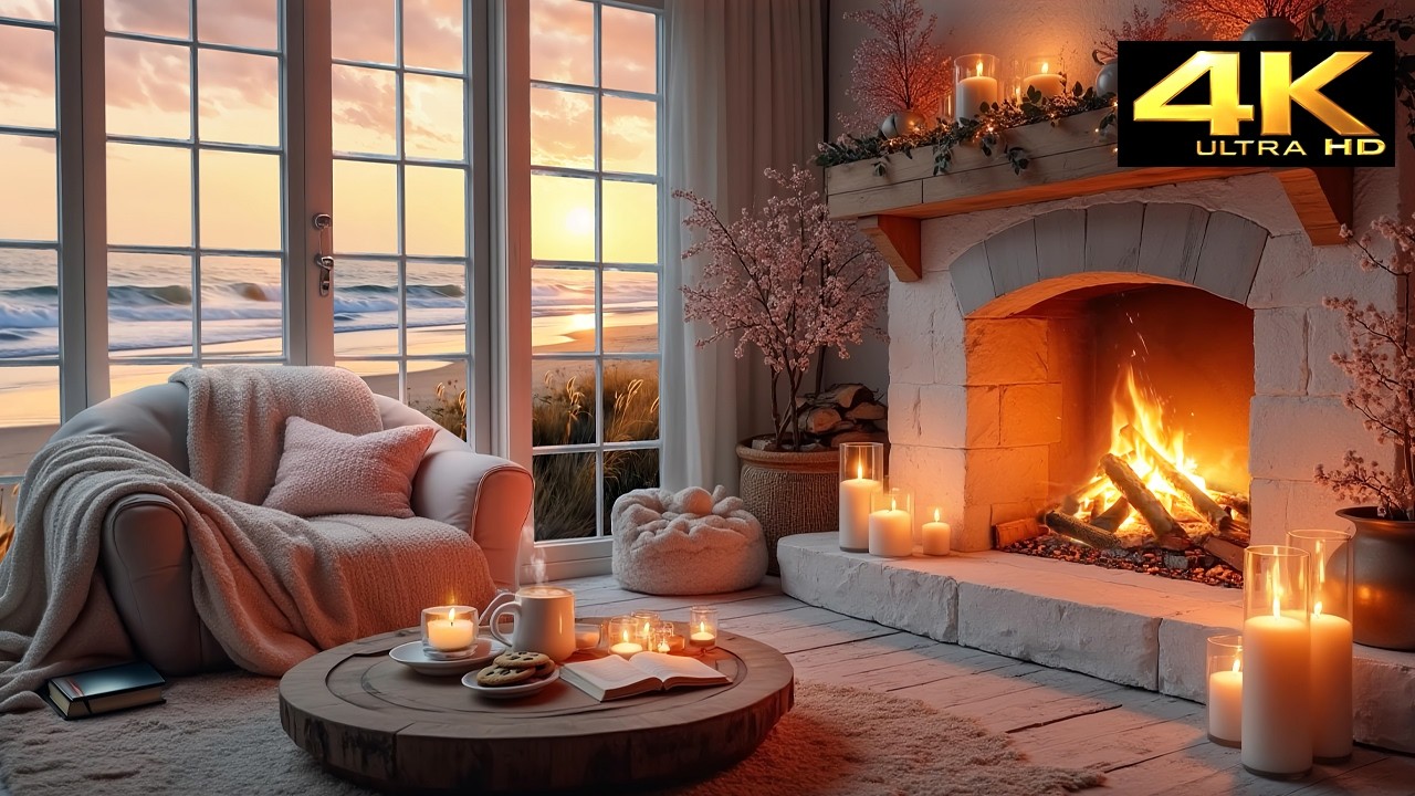 Spring Seaside Cabin Glow 🌸☕ Cozy Fireplace & Ocean Sounds | Relaxing ASMR Ambience