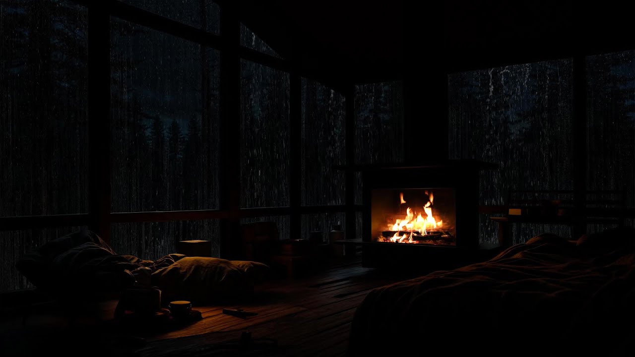 Peaceful Rainy Night In Wooden Cabin 🌧️ | Fireplace Crackling Sounds for Deep Sleep