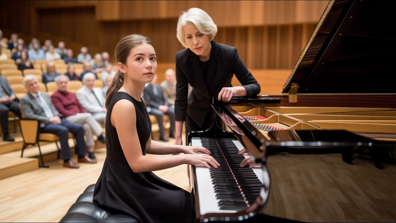 American teacher looks **down upon** a young piano player, the hall erupts in excitement,...