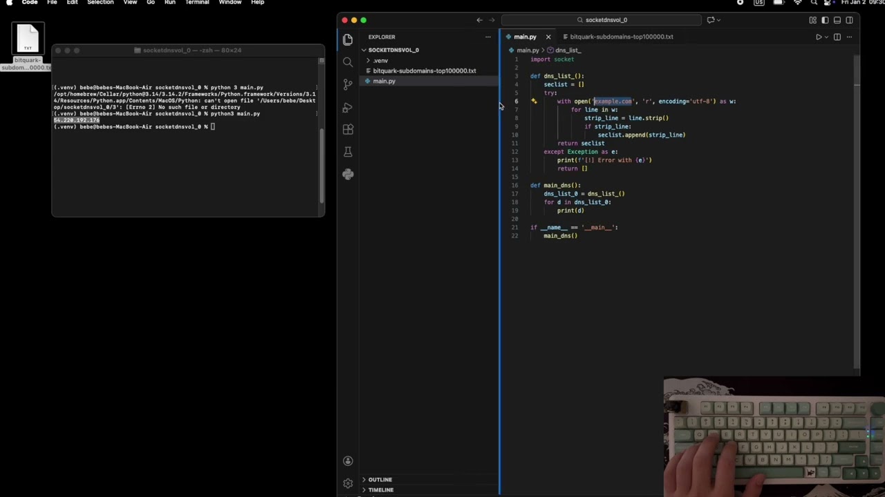 Simple Python DNS Subdomain Scanner (Socket Library).ASMR PROGRAMMING