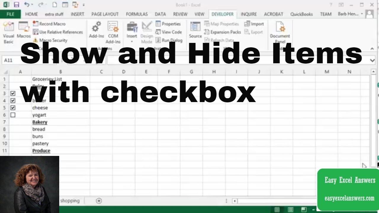 Show and Hide Items with checkbox with no macro in Excel