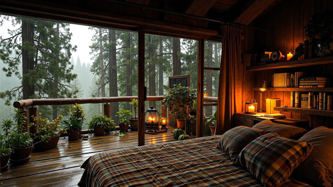 Cozy Rainy Cabin Jazz ☕ Warm Forest Window Ambience, Heavy Rain for Deep Relax & Calm