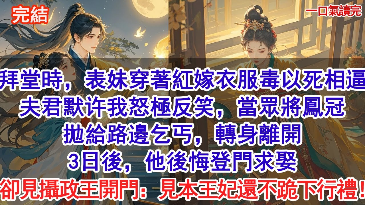 拜堂時，表妹穿著大紅嫁衣服毒以死相逼，夫君默许，我怒極反笑，當眾將鳳冠拋給路邊乞丐，轉身離開。3日後，他後悔登門求娶，卻見攝政王：見本王妃還不跪下行禮！他瘋了#古風#追妻火葬場#愛情#小說
